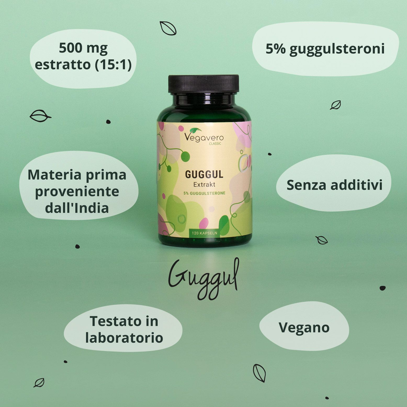 Flacone VEGAVERO Guggul con testo. Testo: 500 mg estratto, materia prima dall'India, senza additivi, vegano.