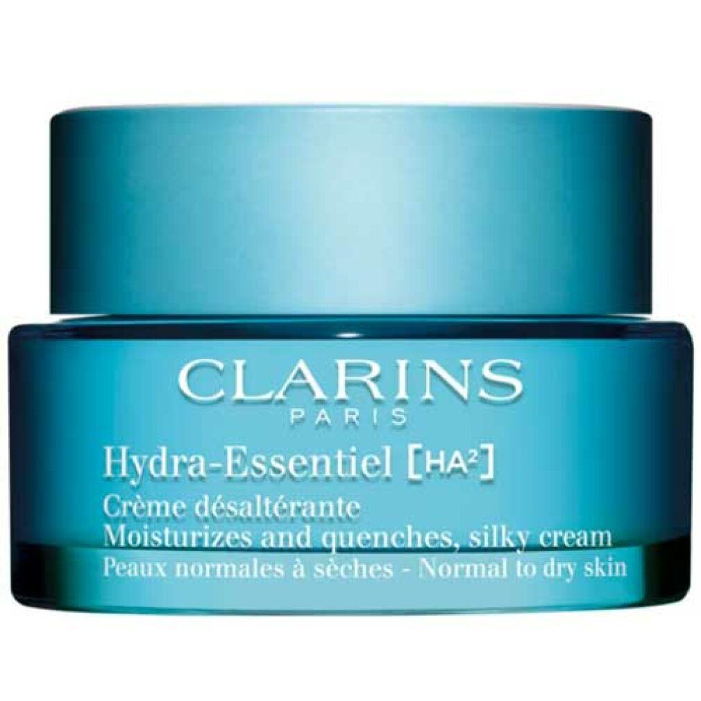 Vasetto turchese con coperchio. Scritta: Clarins Paris, Hydra-Essentiel [HA²], Crème désaltérante. Per pelli da normali a secche.