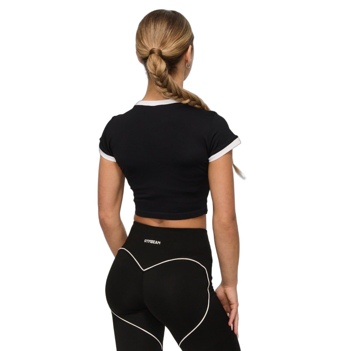 Vista posteriore di un t-shirt nero da donna GymBeam con colletto e polsini bianchi.