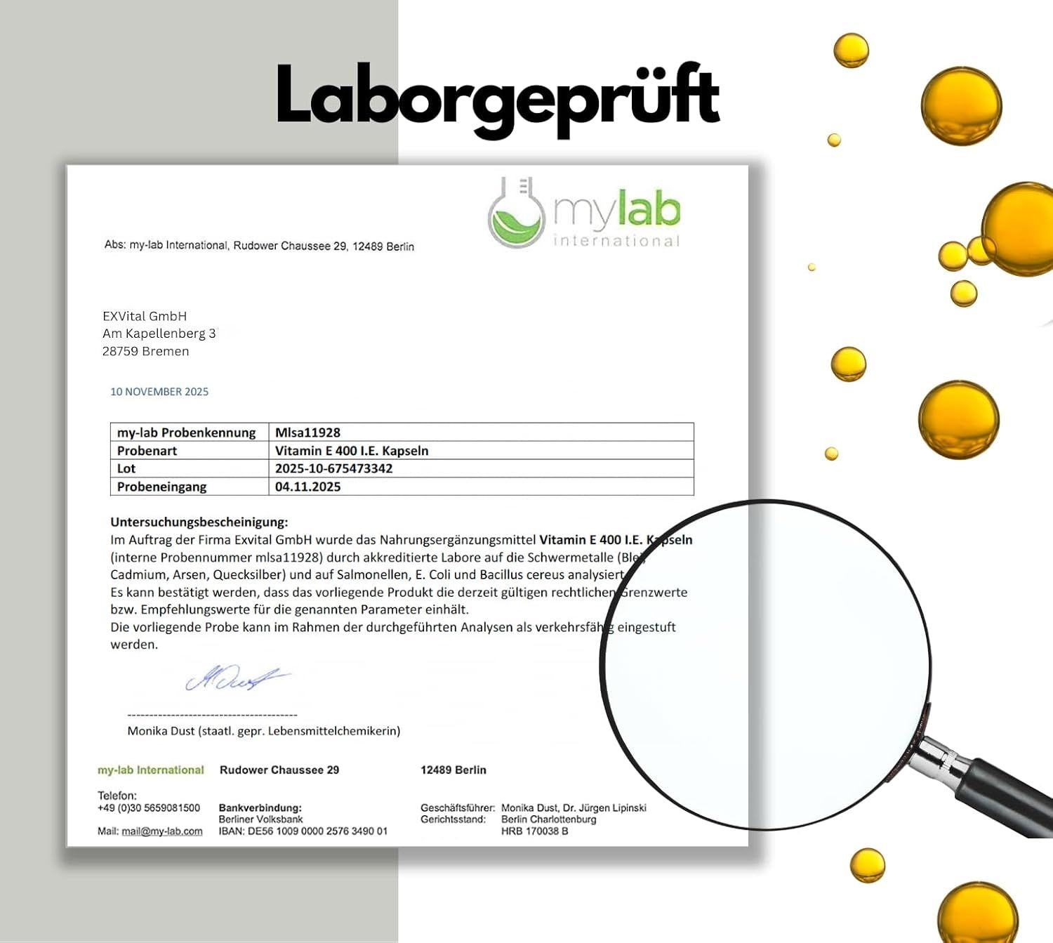 Rapporto di laboratorio mylab international per capsule EXVital Vitamina E. Testato per metalli pesanti.