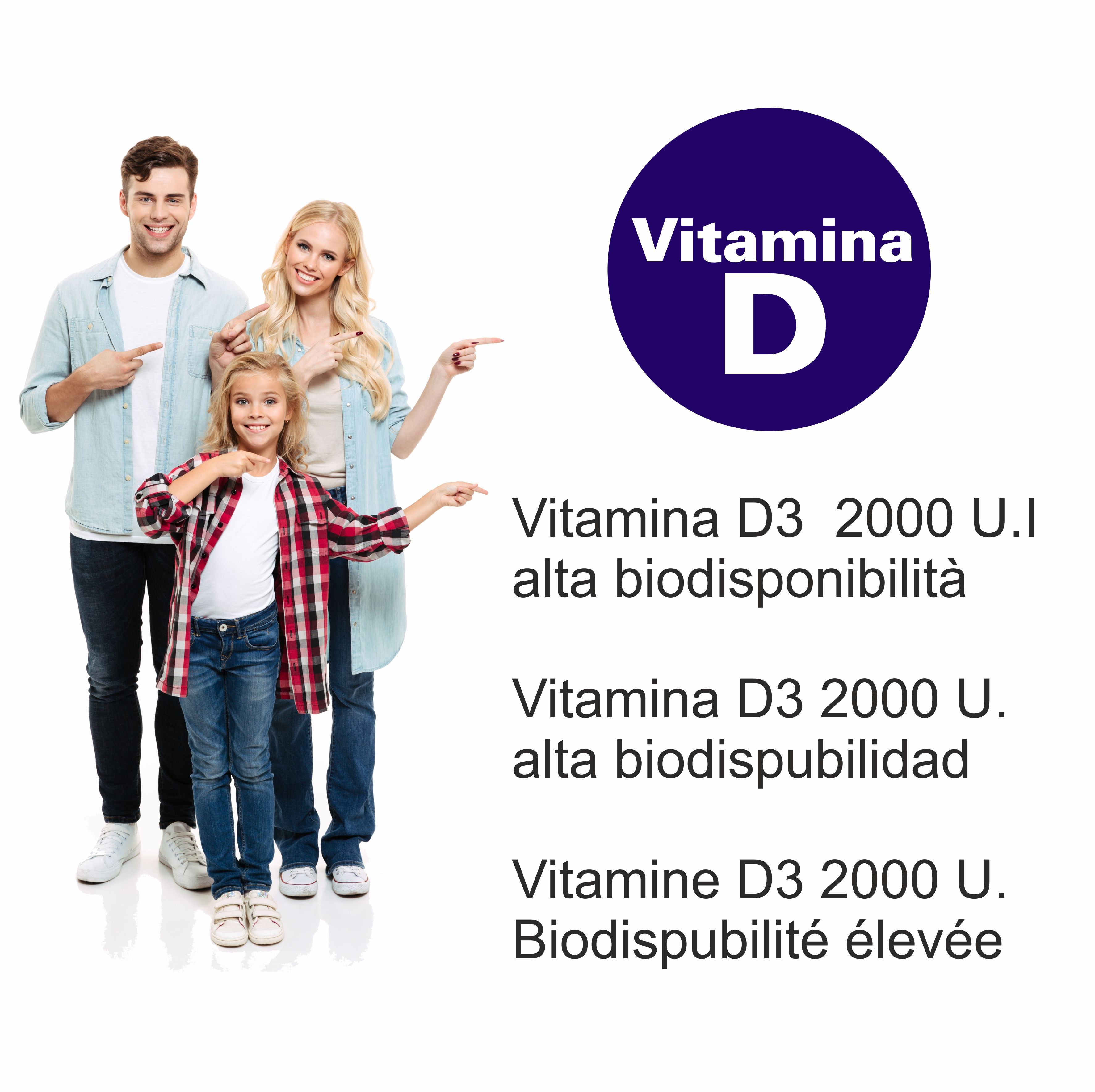 Famiglia che indica il testo. Cerchio blu con 'Vitamina D'. Testo: Vitamina D3 2000 U.I. alta biodisponibilità. Varie lingue.