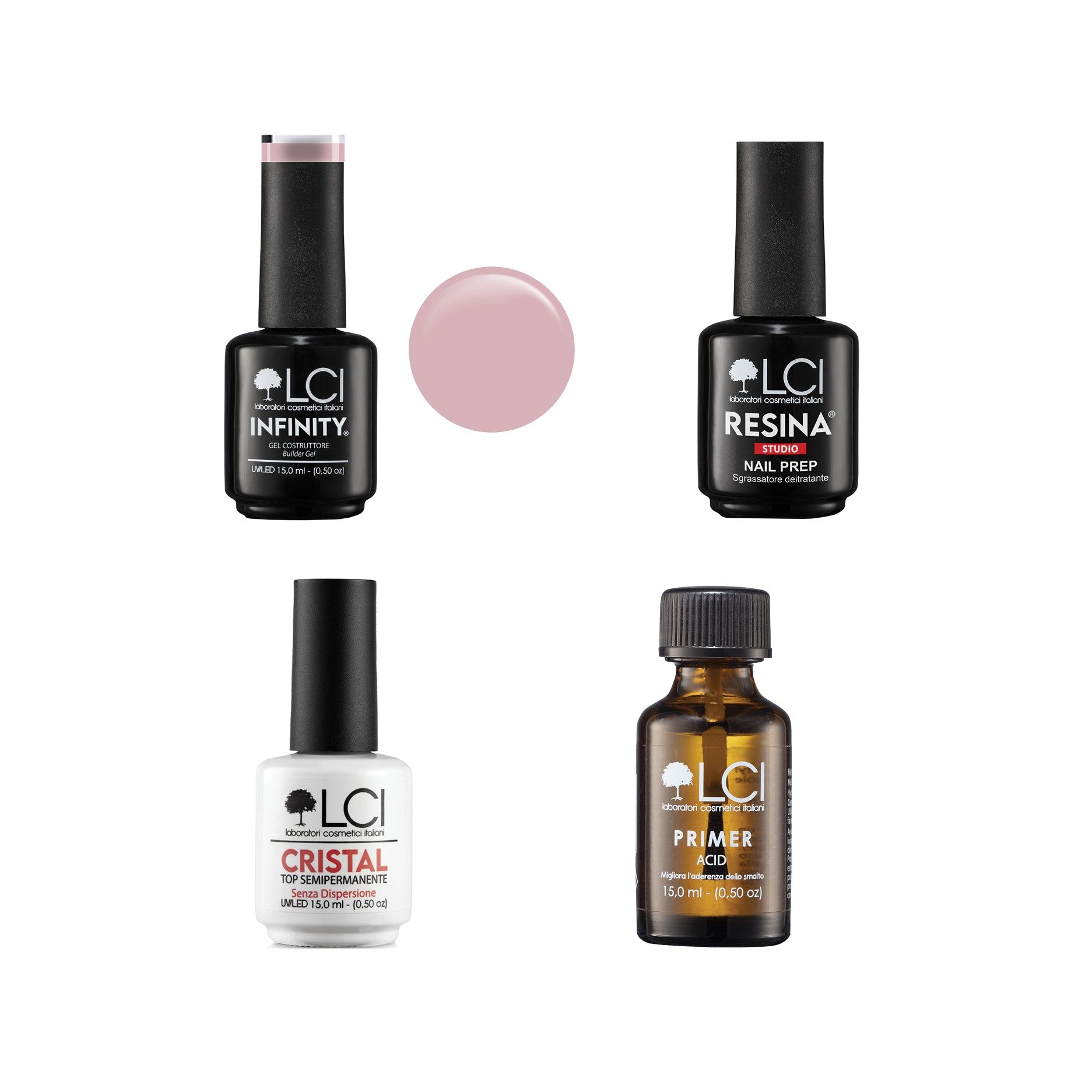 Set gel unghie con quattro flaconi. Contiene: Infinity, Resina, Cristal e Primer. Campione colore rosa. Tappi neri, etichette bianche.