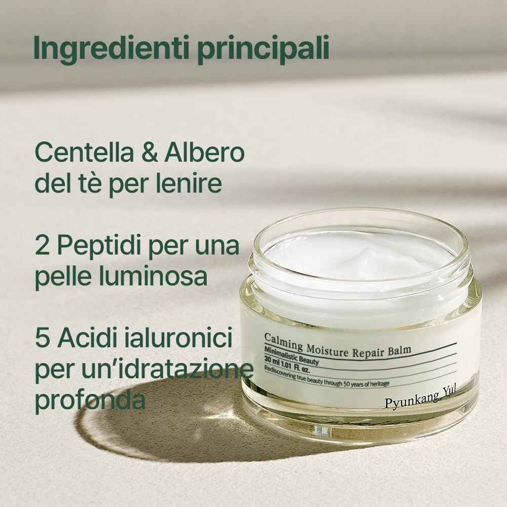 Vasetto di crema. Testo: Ingredienti principali, Centella & Albero del tè, 2 Peptidi, 5 Acidi ialuronici.