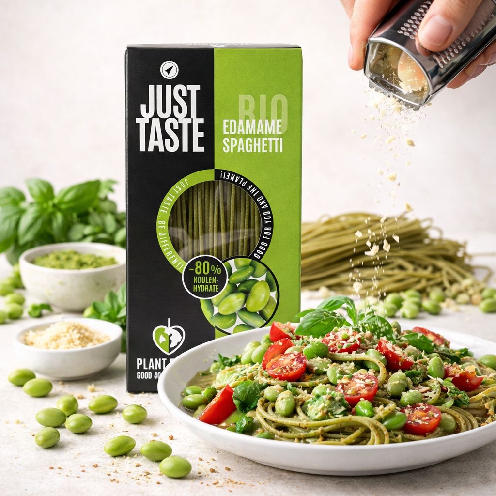 Confezione Just Taste Bio Edamame Spaghetti e un piatto di pasta con edamame e pomodorini. Formaggio grattugiato cosparso sopra.