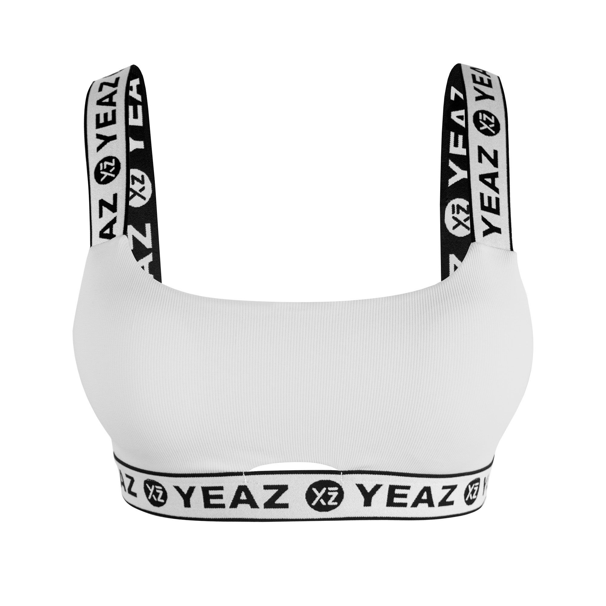 Reggiseno sportivo bianco con fascia logo nera.