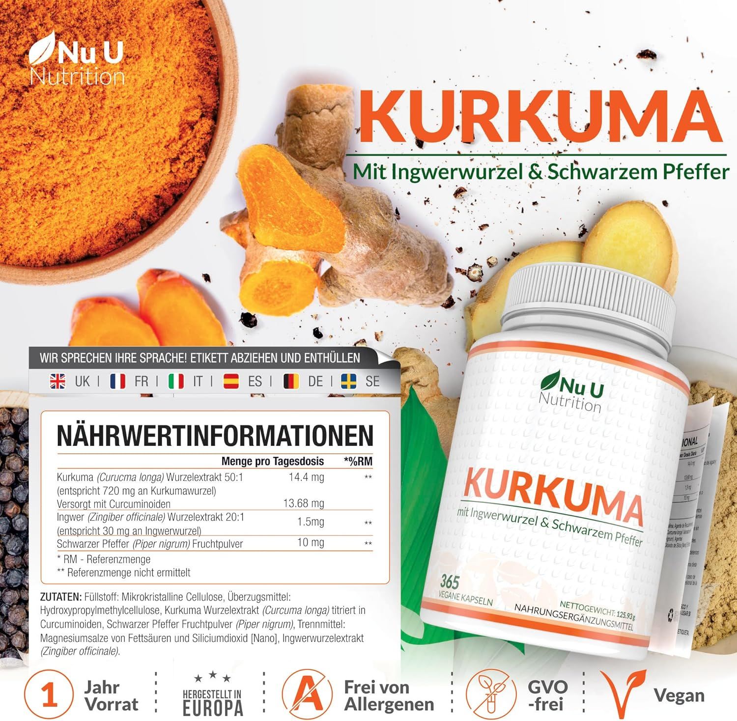 Immagine del prodotto con polvere di curcuma, zenzero, capsule di curcuma e informazioni nutrizionali. Testo: KURKUMA, 365 capsule vegane.