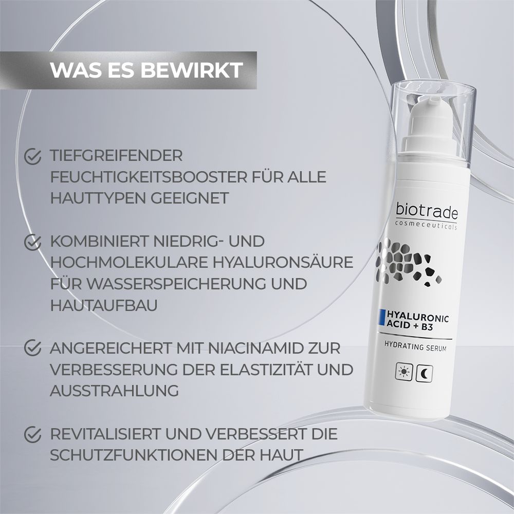 Siero bianco con pompa. Testo: Acido Ialuronico + B3, Hydrating Serum. Contiene informazioni sugli effetti.