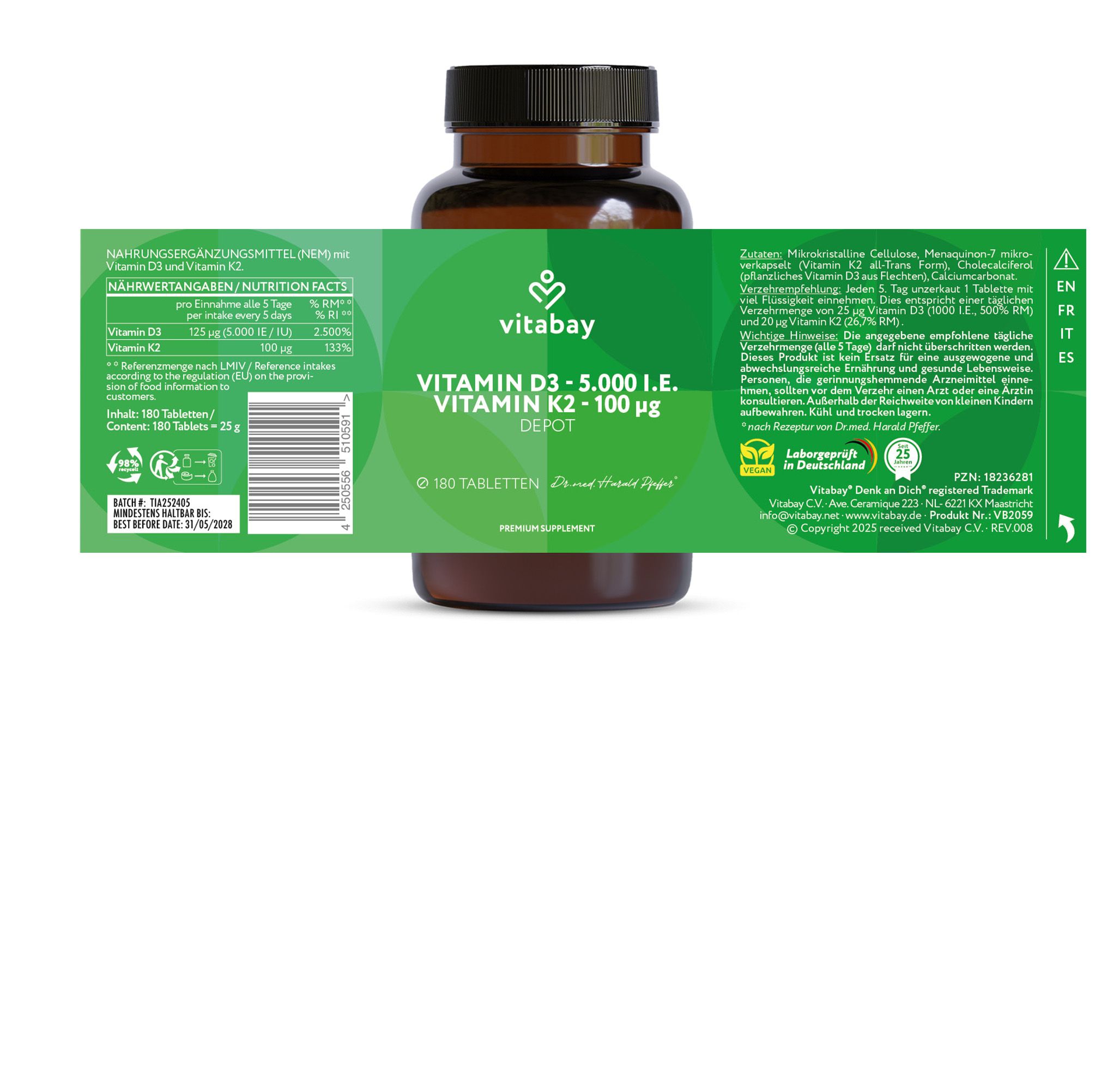 Prodotto Vitabay in bottiglia di vetro marrone. Testo: Vitamina D3 5.000 UI. Vitamina K2 100µg Depot. 180 compresse. Informazioni nutrizionali. Certificazioni.