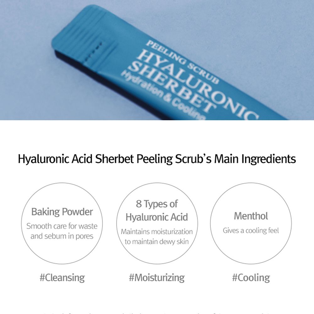 Infografica degli ingredienti di MIZON Hyaluronic Acid Sherbet Peeling Scrub. Gli ingredienti e i loro effetti sono spiegati.