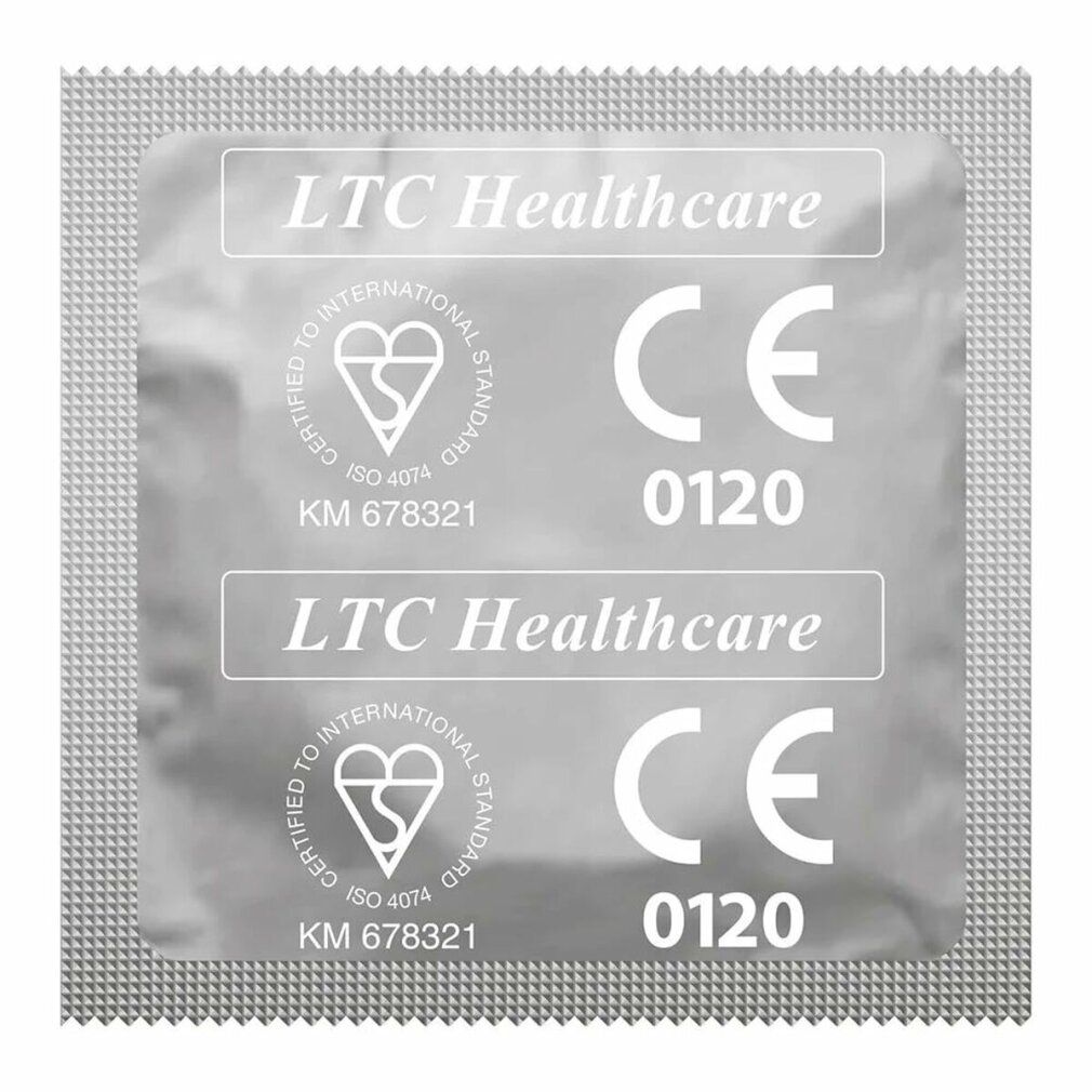 Due preservativi confezionati singolarmente. Scritta: 'LTC Healthcare', marchio CE, certificazione ISO.
