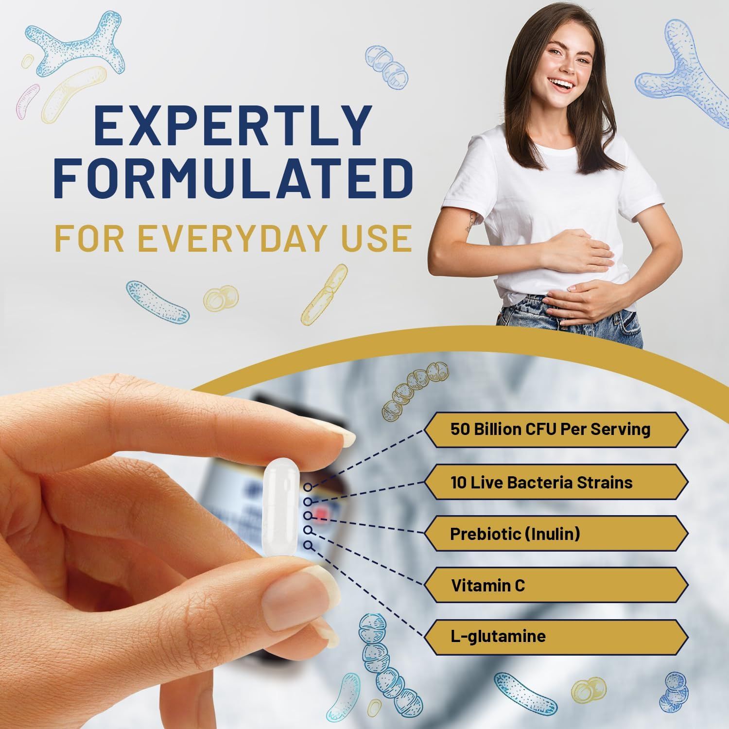 Una mano tiene una capsula. Testo: 50 miliardi di CFU per porzione, 10 ceppi batterici vivi, prebiotico (inulina), vitamina C, L-glutammina.