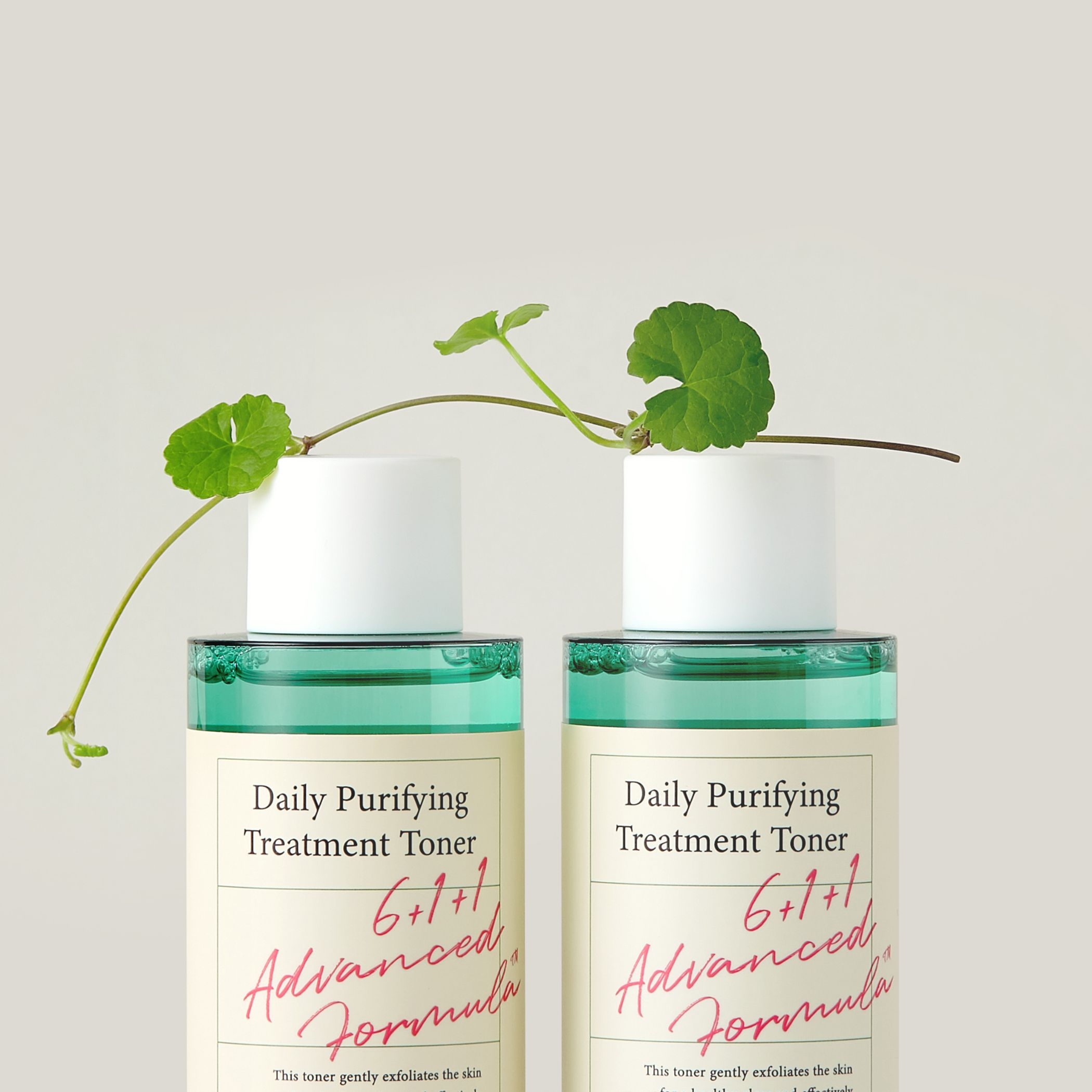 Due flaconi di toner con tappi bianchi. Scritta: Daily Purifying Treatment Toner. Foglie verdi sui flaconi.