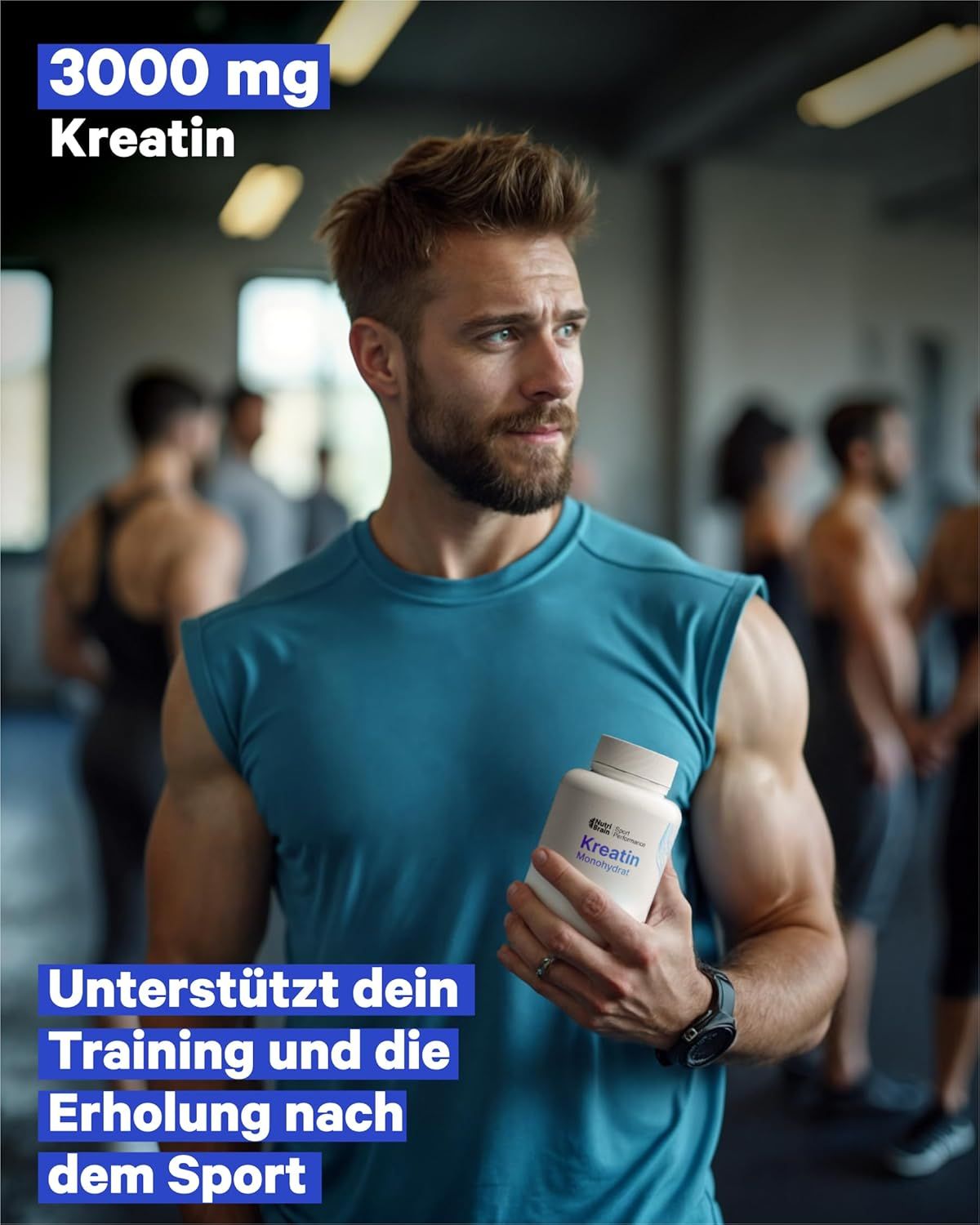 Uomo con flacone di compresse di creatina monoidrato in palestra.