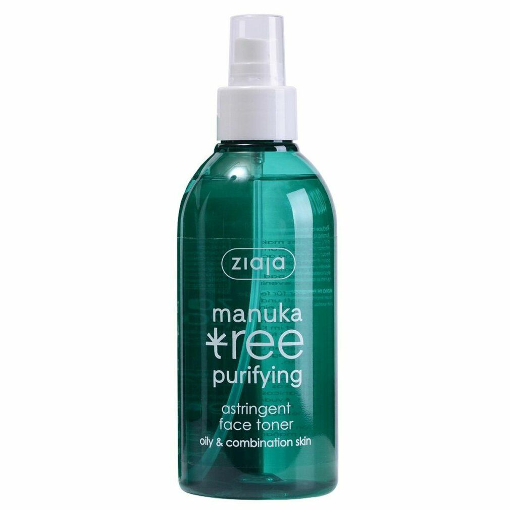 Flacone verde con vaporizzatore. Scritta: Ziaja, manuka tree purifying, astringent face toner, per pelli grasse e miste.