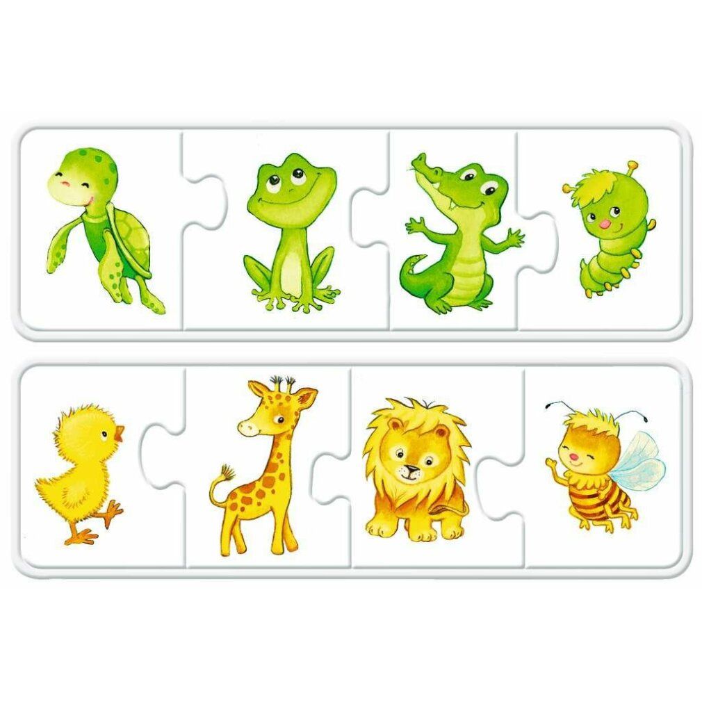 Puzzle Ravensburger, animali colorati 6x4 pezzi. Pezzi di puzzle con animali: pecora, orso polare, oca, cerbiatto, elefante, asino, koala e ippopotamo.