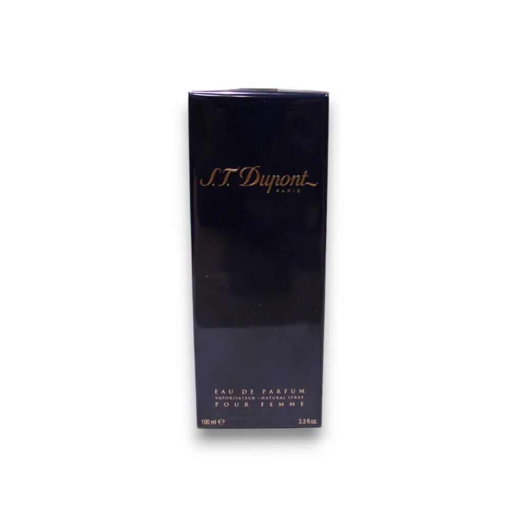 Scatola rettangolare blu scuro. Testo dorato: S.T. Dupont. Parte inferiore: Eau de Parfum, Pour Femme. 100 ml, 3.3 fl.oz.
