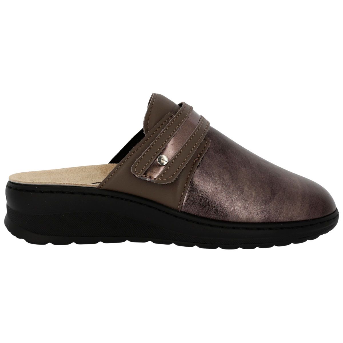 Sandalo Hergos H3503. Tomaia marrone metallizzato, cinturino regolabile, suola nera. Vista laterale.