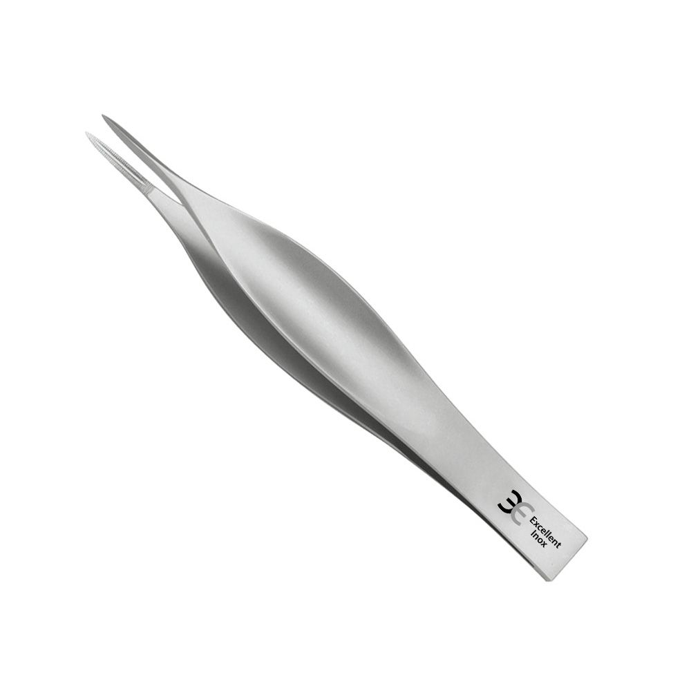 Pinzetta in metallo. Estremità appuntite e ricurve. Scritta: 3C Excellent Inox.
