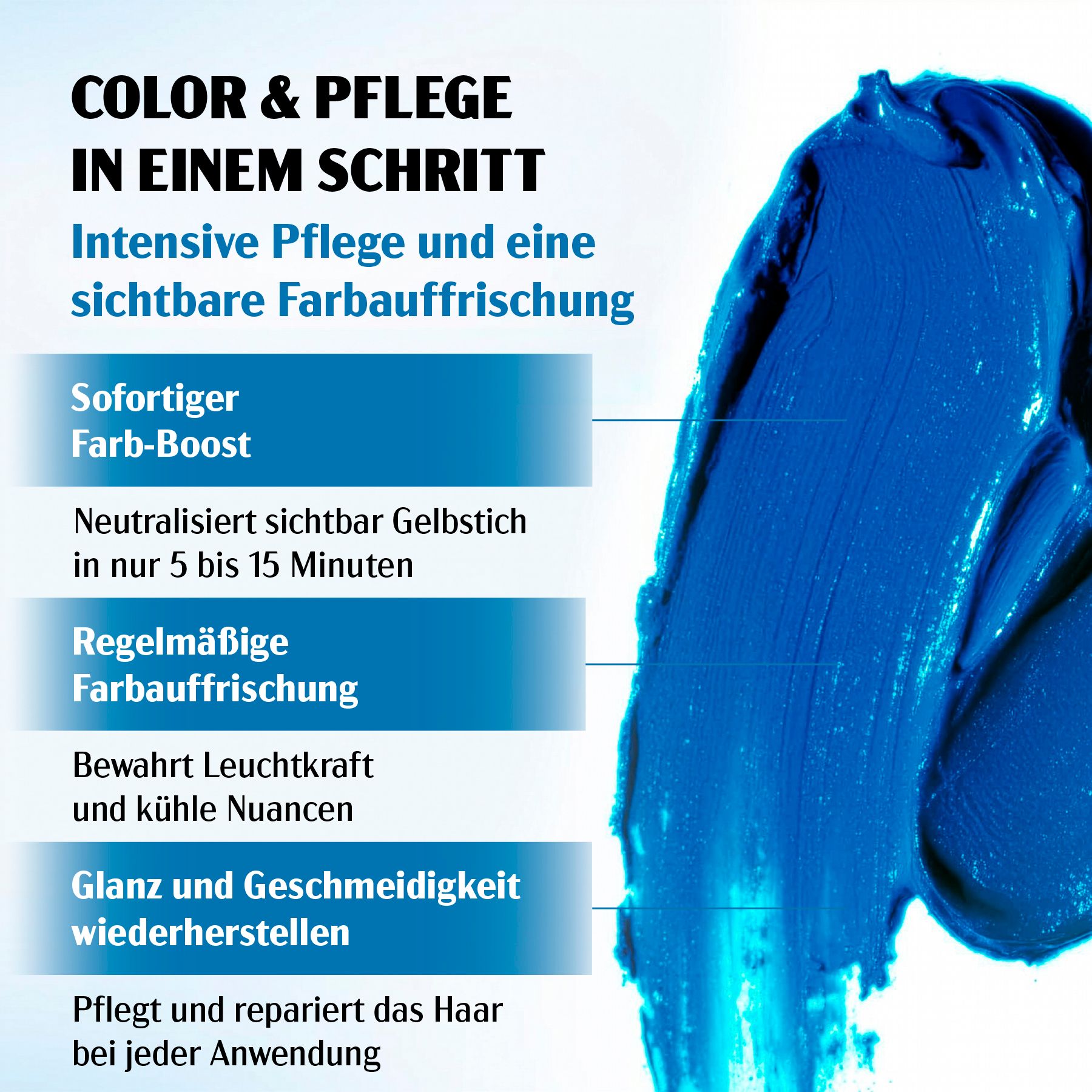 Prodotto blu applicato. Testo: Colore e cura in un unico passaggio. Cura intensiva e rinfrescante del colore visibile.