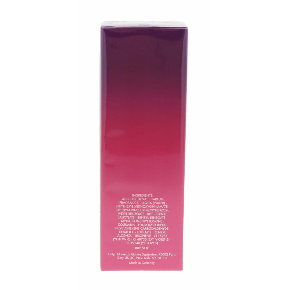 Retro della confezione Escada Magnetism. Ingredienti e altre informazioni in bianco su sfondo rosa-viola.