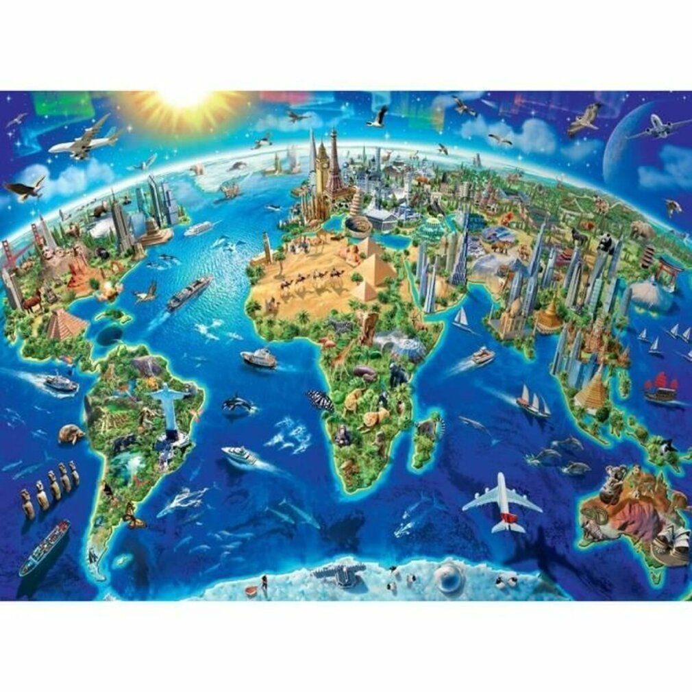 Puzzle Mappa delle viste del mondo XXL. Mappa del mondo con monumenti, aerei e navi. Mari blu, continenti verdi, sole giallo.