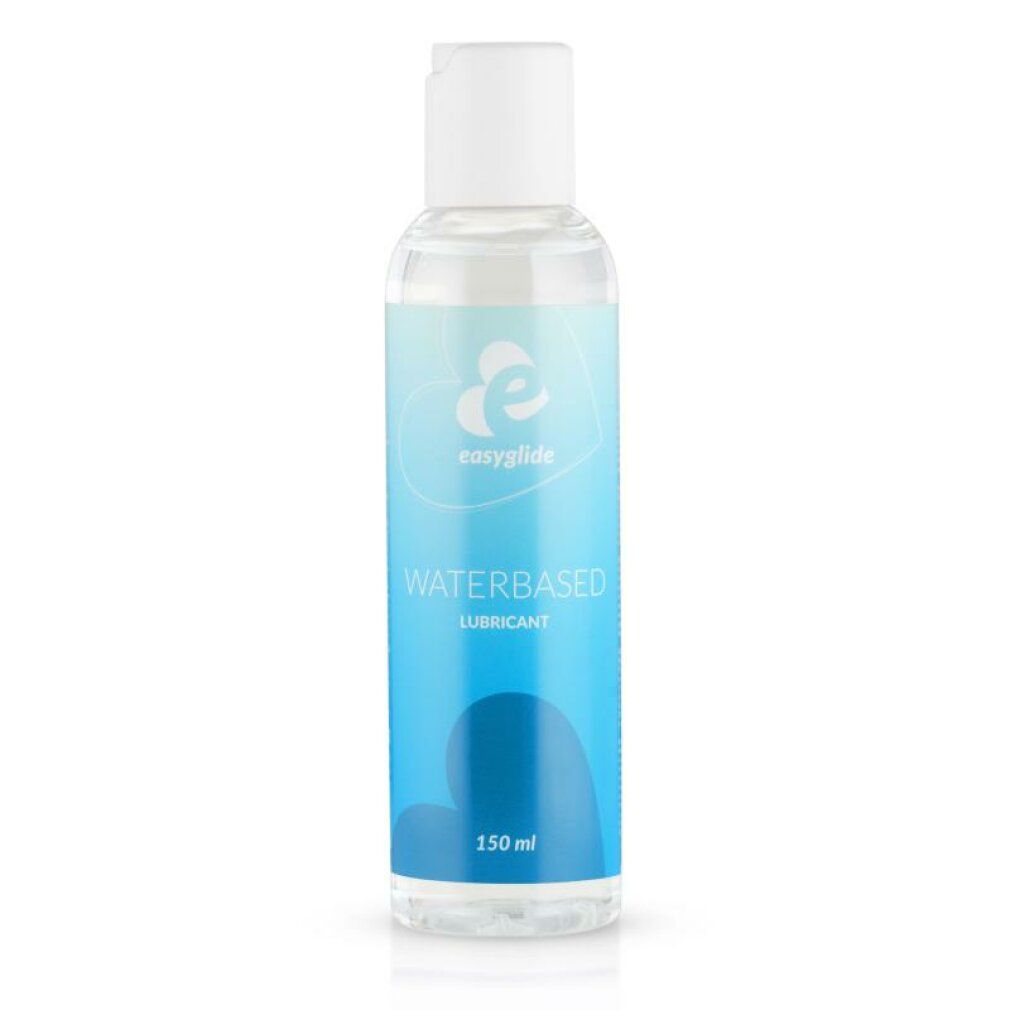 Flacone con etichetta blu e bianca. Scritta: WATERBASED LUBRICANT, 150ml. Logo: easyglide. Liquido trasparente.