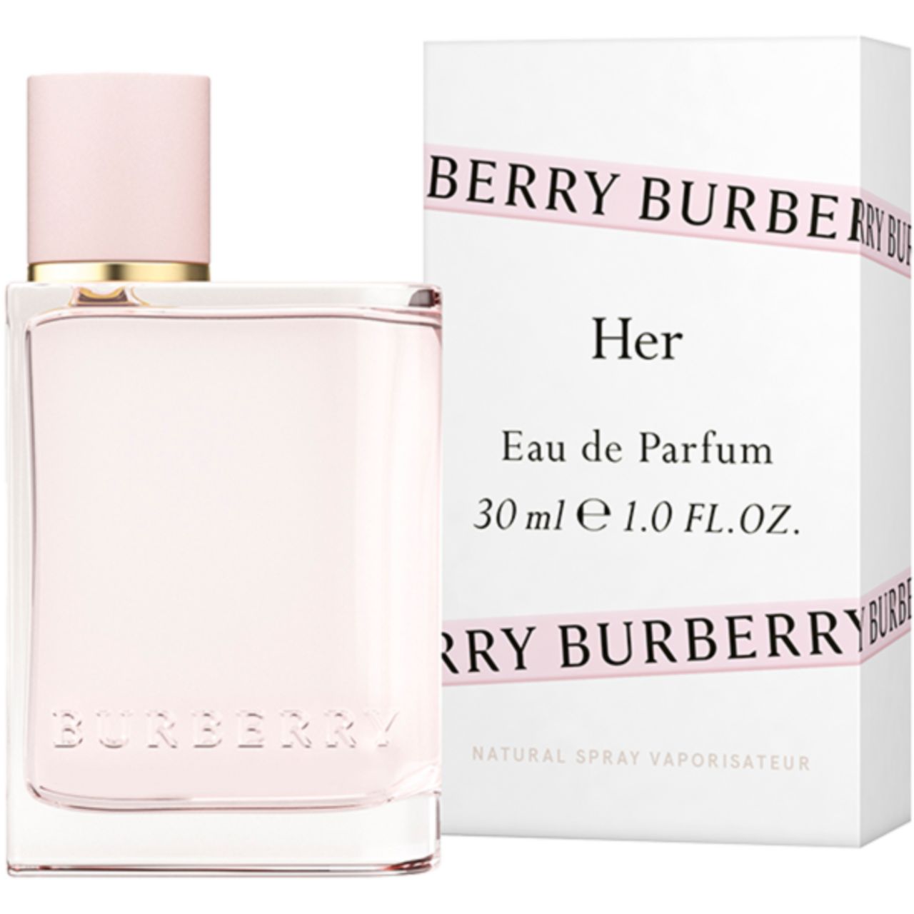 Flacone e confezione Burberry Her Eau de Parfum. Flacone con liquido rosa, scatola bianca.