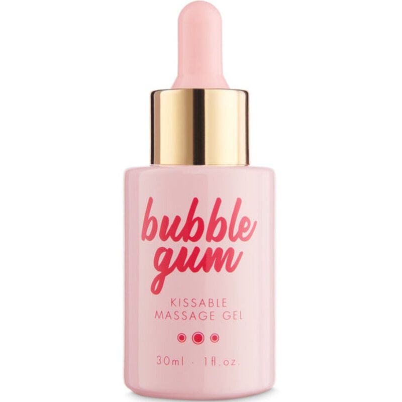 Flacone rosa con contagocce, scritta "bubble gum KISSABLE MASSAGE GEL", 30ml.