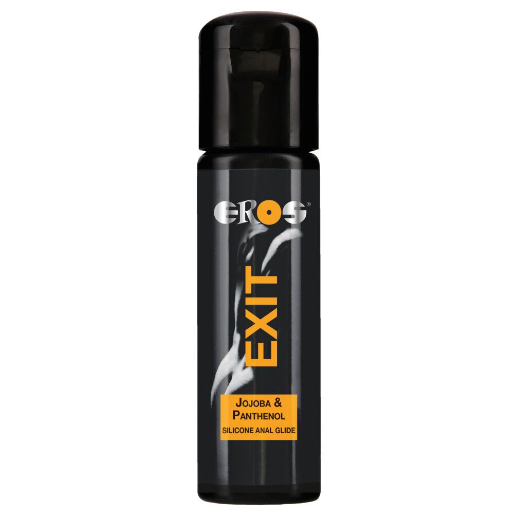 Flacone nero con tappo nero. Scritta EROS EXIT, sotto Jojoba & Panthenol SILICONE ANAL GLIDE.