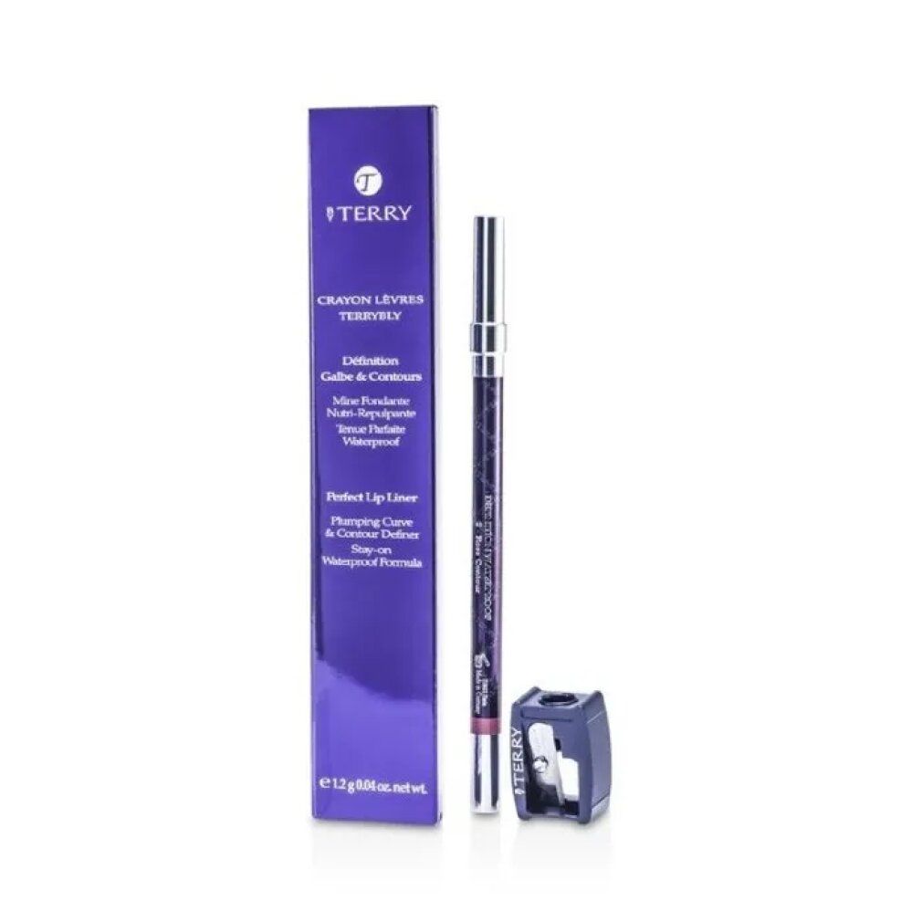 Matita labbra, confezione e temperamatite. Scritta: By Terry Crayon Levres Terrybly. Confezione: viola, testo.
