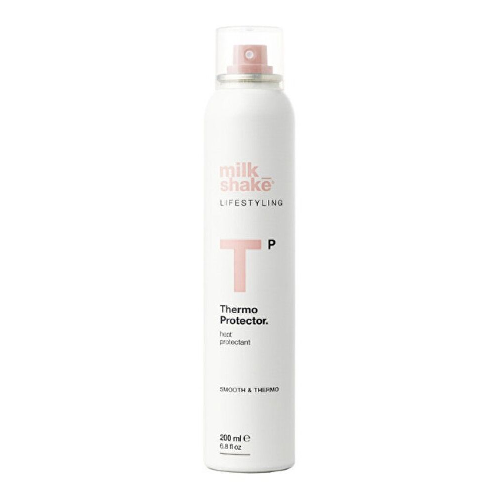 Lattina spray bianca con erogatore rosa. Contiene 'milkshake LIFESTYLING Thermo Protector. heat protectant' e '200 ml'.