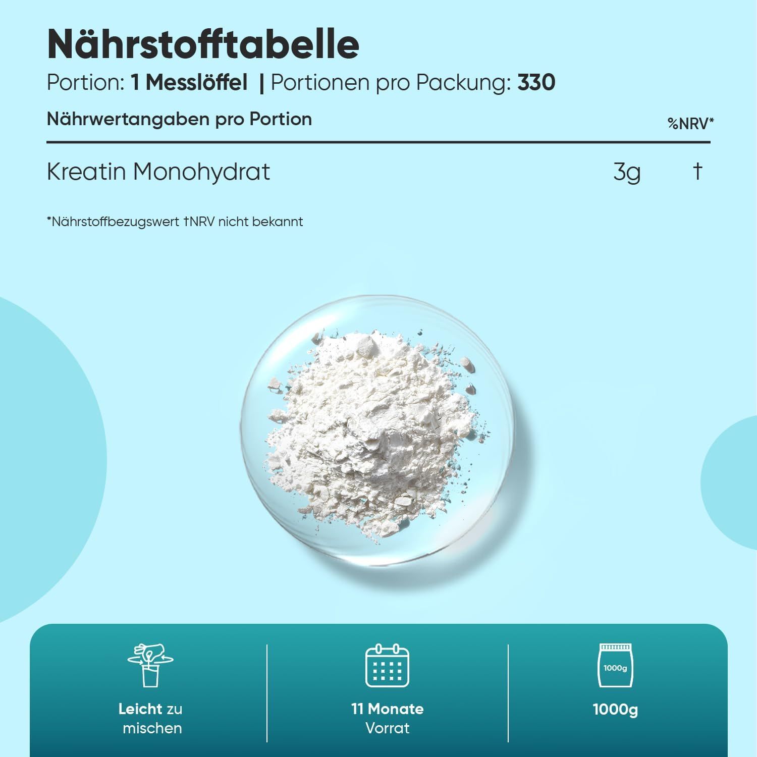 Tabella nutrizionale con testo e polvere bianca. 330 porzioni. Facile da mescolare, 11 mesi di scorta, 1000g.