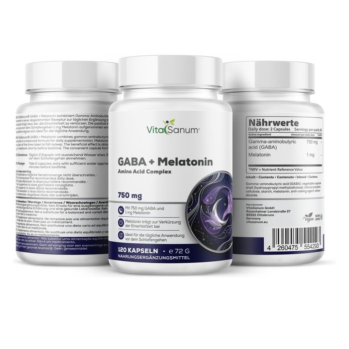 VitaSanum GABA + Melatonina: Tre contenitori con informazioni dettagliate sul prodotto e valori nutrizionali.