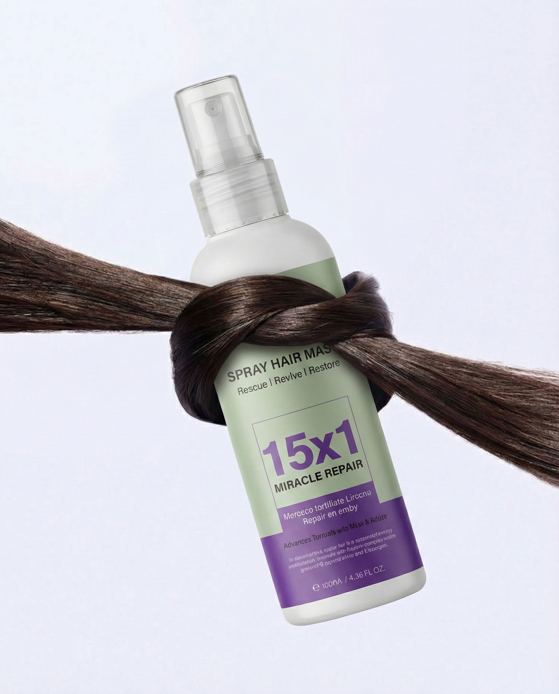 Maschera spray per capelli 15x1 Miracle Repair, avvolta da capelli scuri.