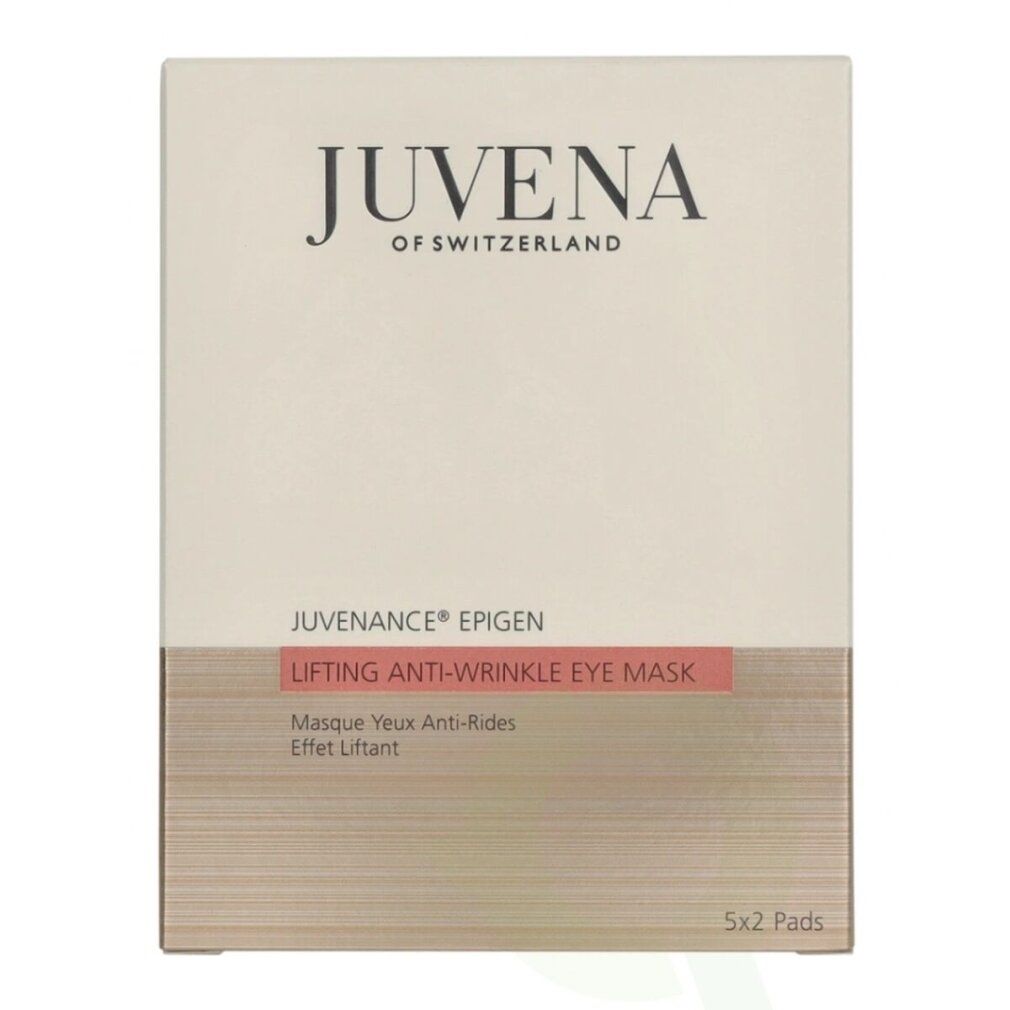 Confezione maschere occhi. Marchio Juvena. Testo: Juvenance Epigen, Lifting Anti-Wrinkle Eye Mask. 5x2 Pads.