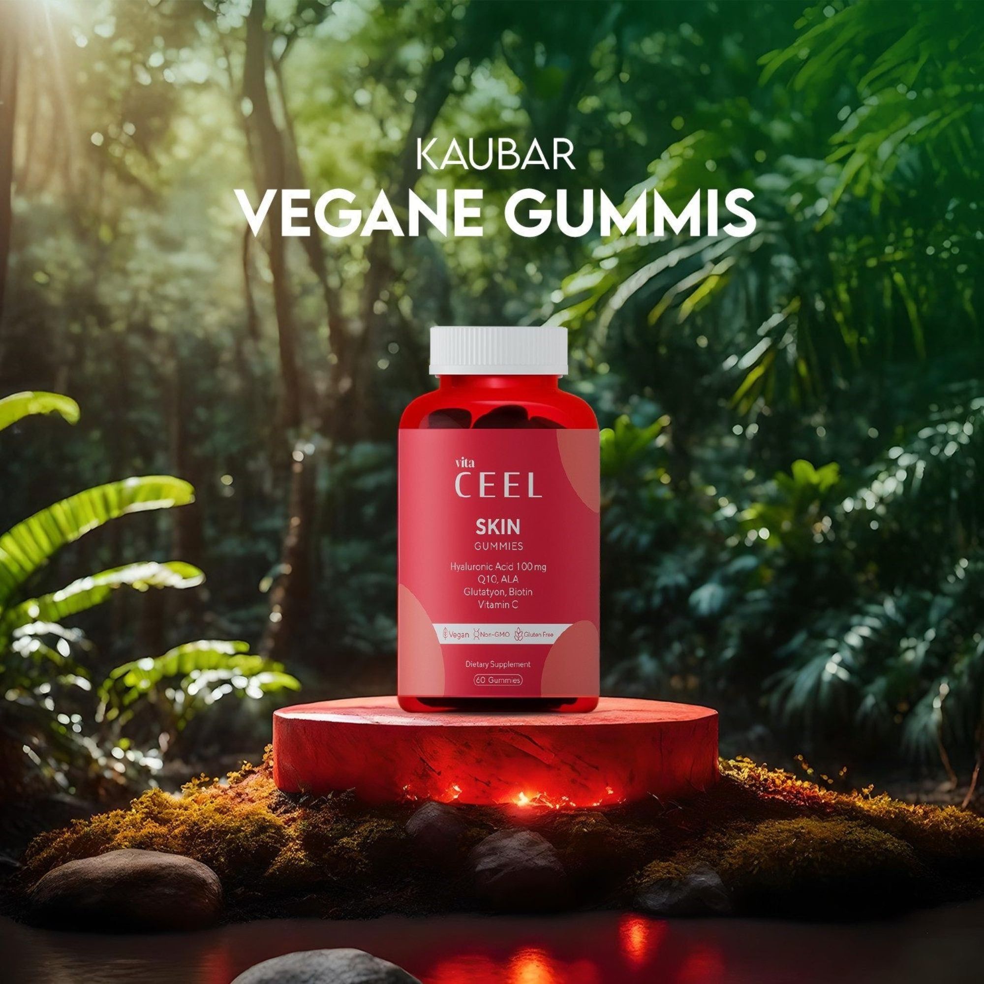 Flacone rosso di CEEL SKIN GUMMIES, vegano, acido ialuronico, vitamina C.