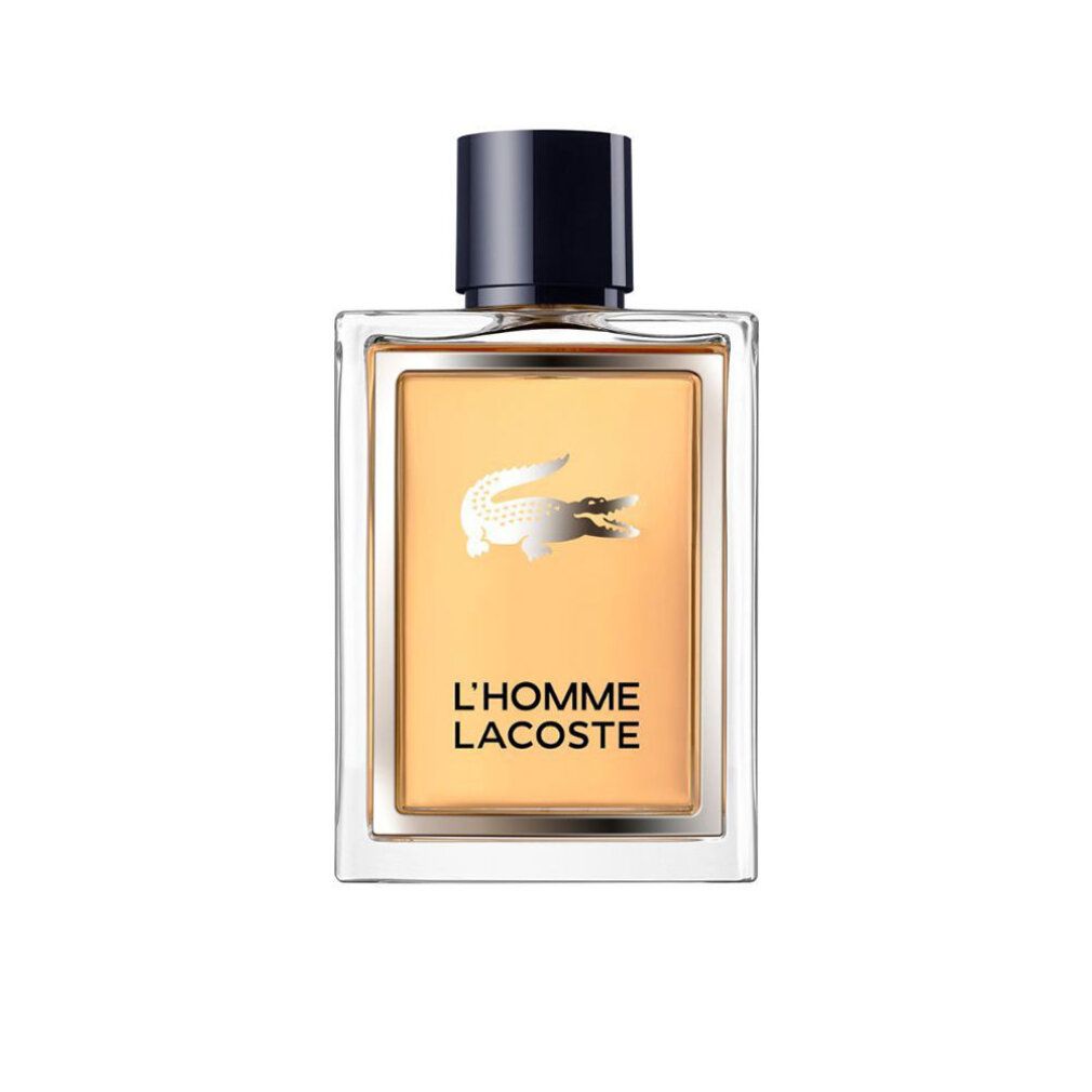 Flacone rettangolare di L'Homme Lacoste. Vetro dorato, tappo nero. Logo coccodrillo e scritta L'Homme Lacoste.