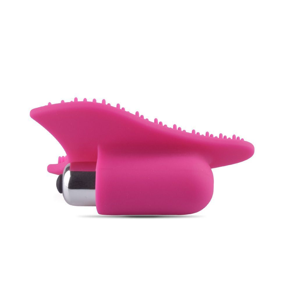 Vibratore a dito rosa. Parte cilindrica con ali. Testa vibrante argentata.