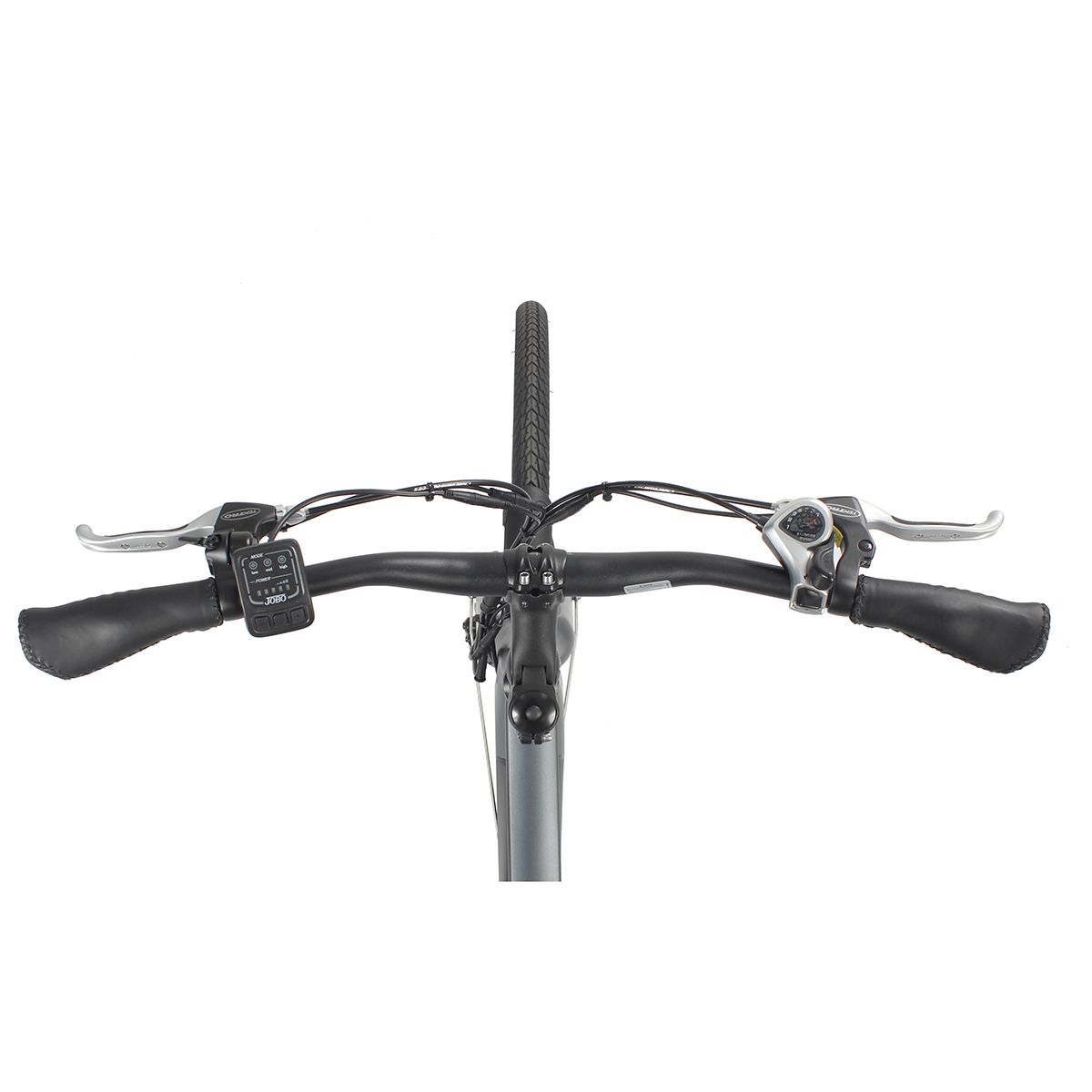 Vista dall'alto del manubrio di una bici elettrica grigia. Manopole, freni, interruttori e display.