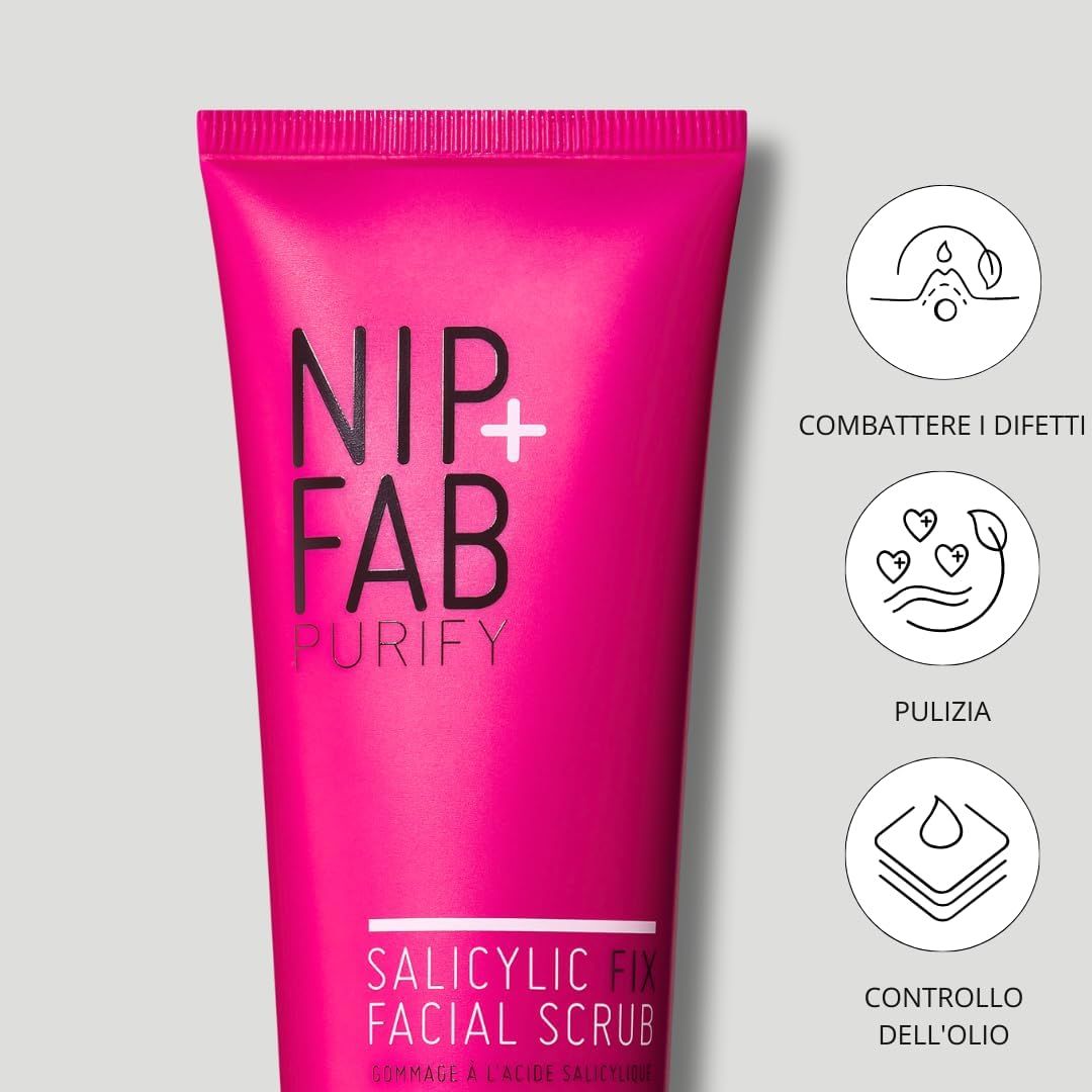 Tubo rosa con "NIP+FAB" e "Salicylic Fix Facial Scrub". Tre simboli: brufoli, pulizia, controllo dell'olio.