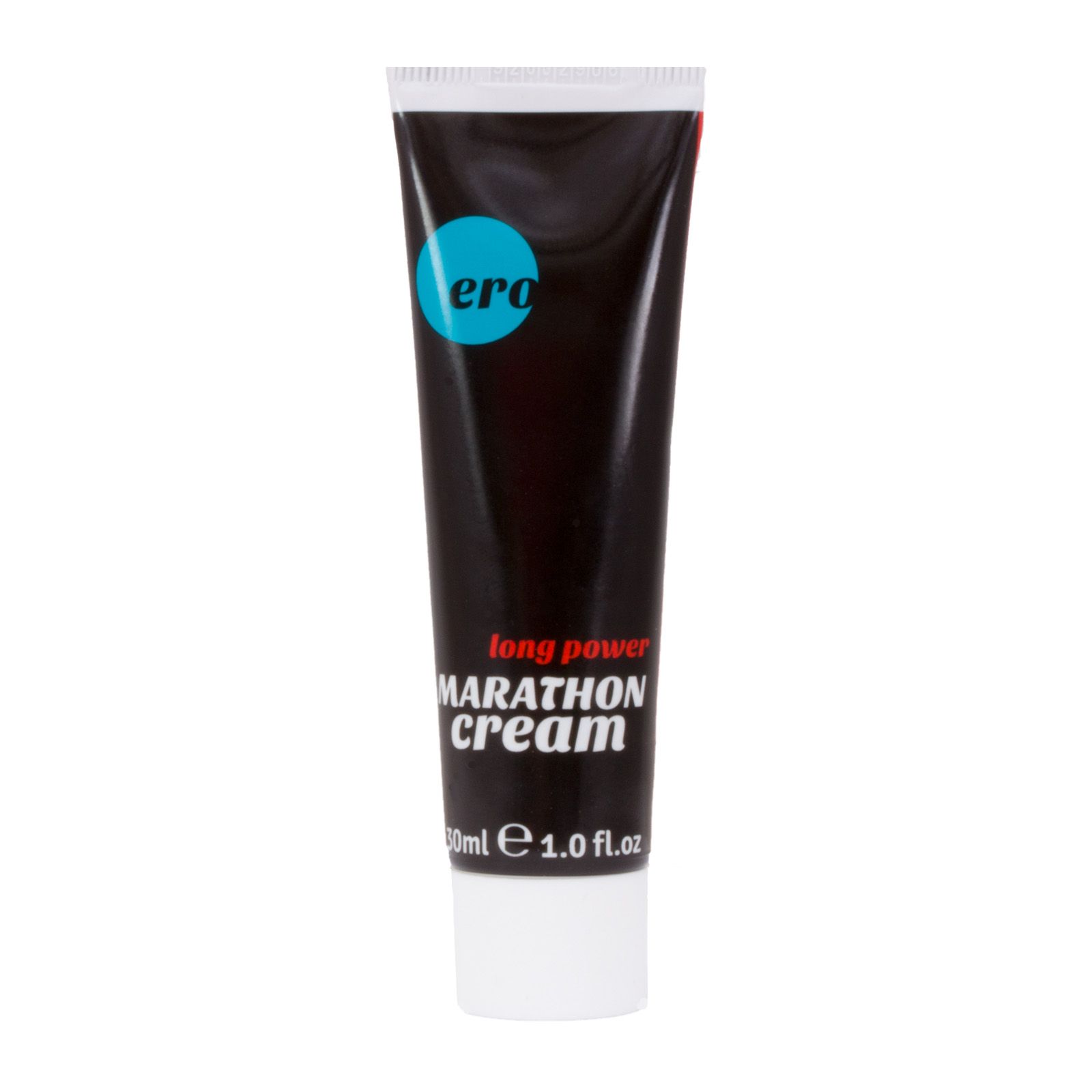 Tubo nero con tappo bianco. Scritto: Ero, Marathon Cream, long power, 30 ml.