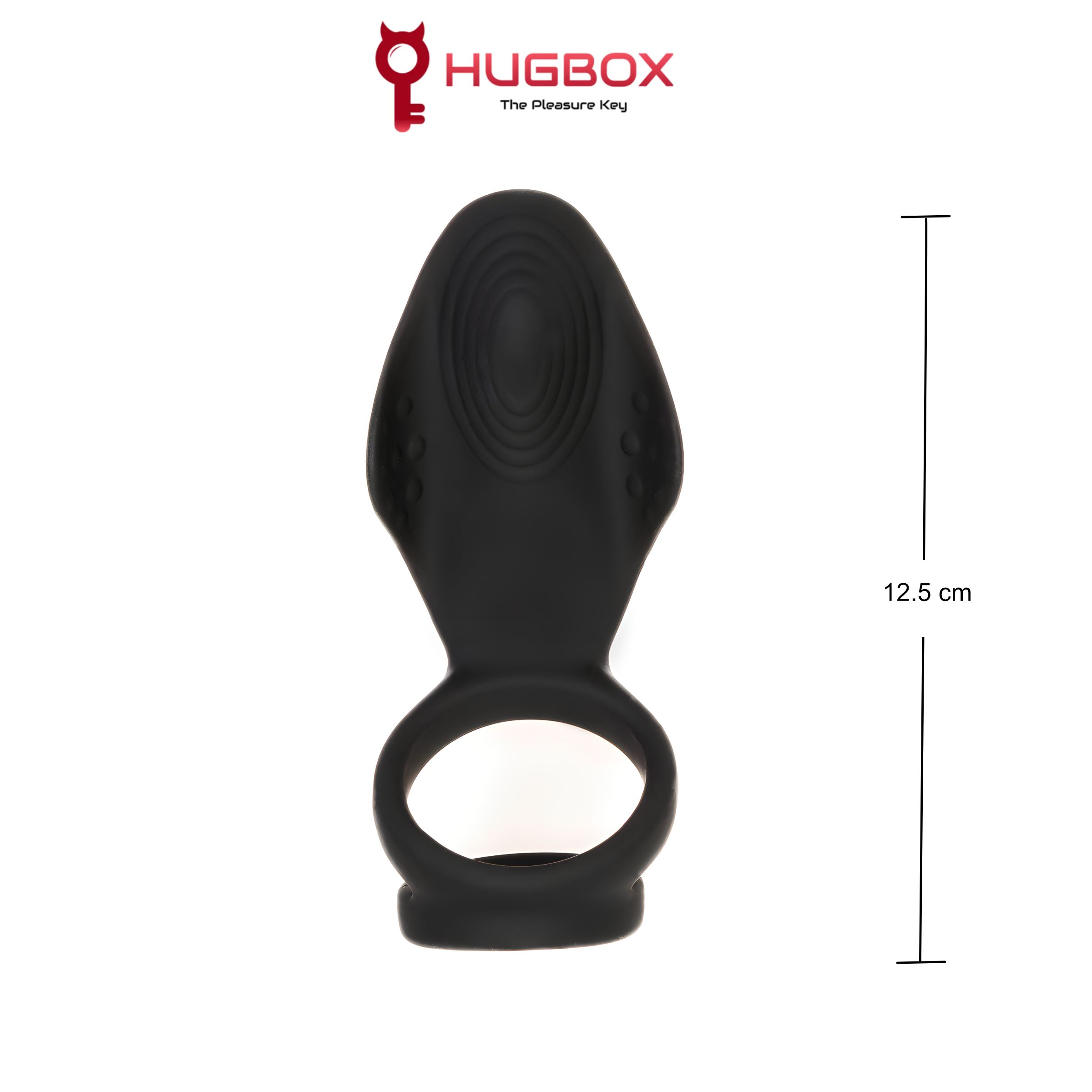Prodotto nero ad anello. Logo HUGBOX. Dimensione: 12,5 cm.