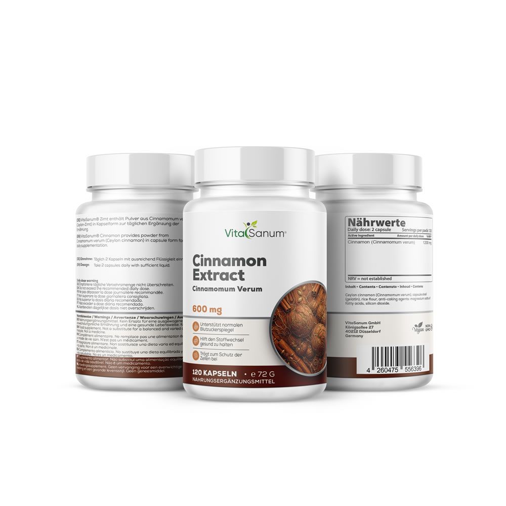 VitaSanum® Capsule di Cannella, 600 mg. Tre contenitori, uno frontale con etichetta, due posteriori con informazioni nutrizionali.