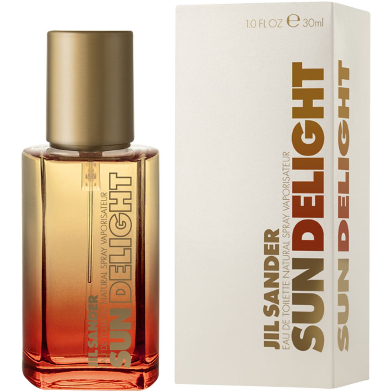 Flacone di profumo e confezione. Flacone con tappo dorato. Confezione con scritta SUN DELIGHT.