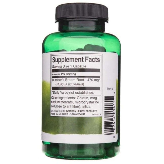 Retro di un flacone verde. Etichetta con "Supplement Facts", "Butcher's Broom Root 470 mg" e ingredienti.