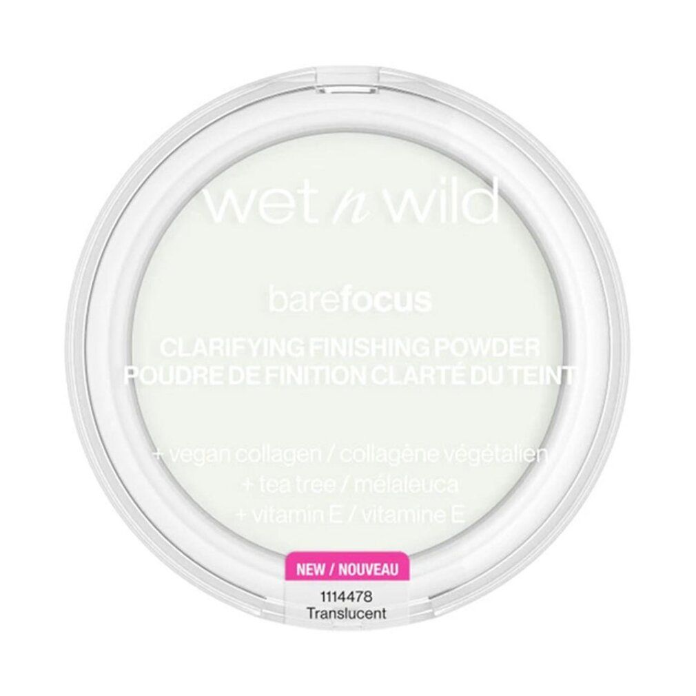 Contenitore rotondo trasparente con polvere bianca. Scritta: Wet n Wild, barefocus. Etichetta: NEW/NOUVEAU, 1114478, Translucent.