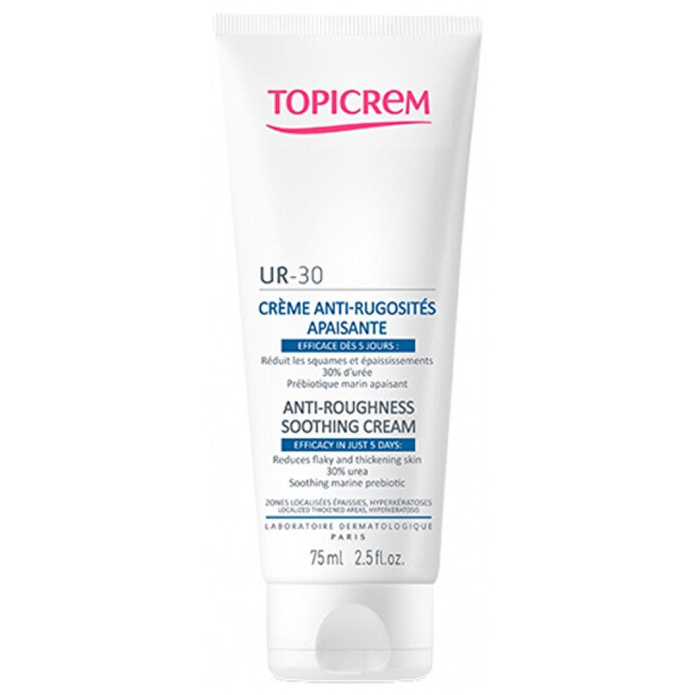 Tubo bianco con testo rosso e blu. "TOPICREM" in alto. Sotto, "UR-30 CRÈME ANTI-RUGOSITÉS APAISANTE".