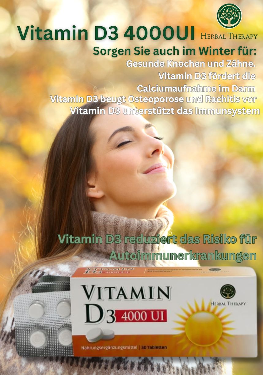 Immagine pubblicitaria con donna e confezione di vitamina D3 4000 UI. Testo: Vitamina D3 4000UI. Prendetevi cura di voi anche in inverno per: Ossa e denti sani.