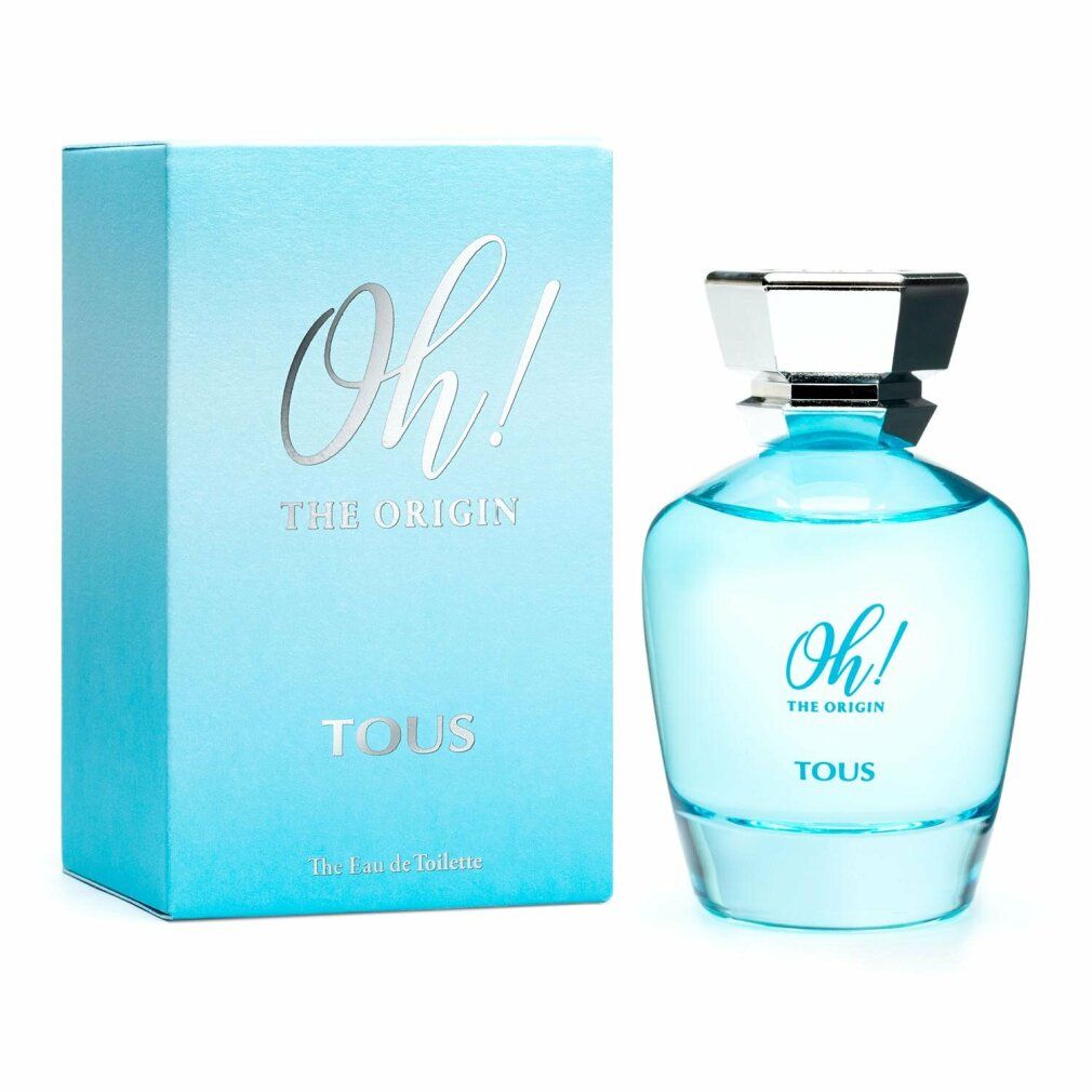 Eau de toilette azzurra con scatola abbinata. Scritta "Oh! The Origin" e "TOUS". Flacone con tappo argentato.
