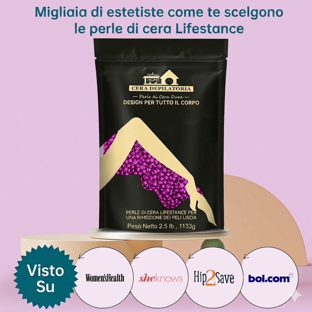 Confezione nera con perle di cera viola. Testo: Lifestance, Cera Depilatoria, Design per tutto il corpo. 2.5 lb. Citato in Women's Health.